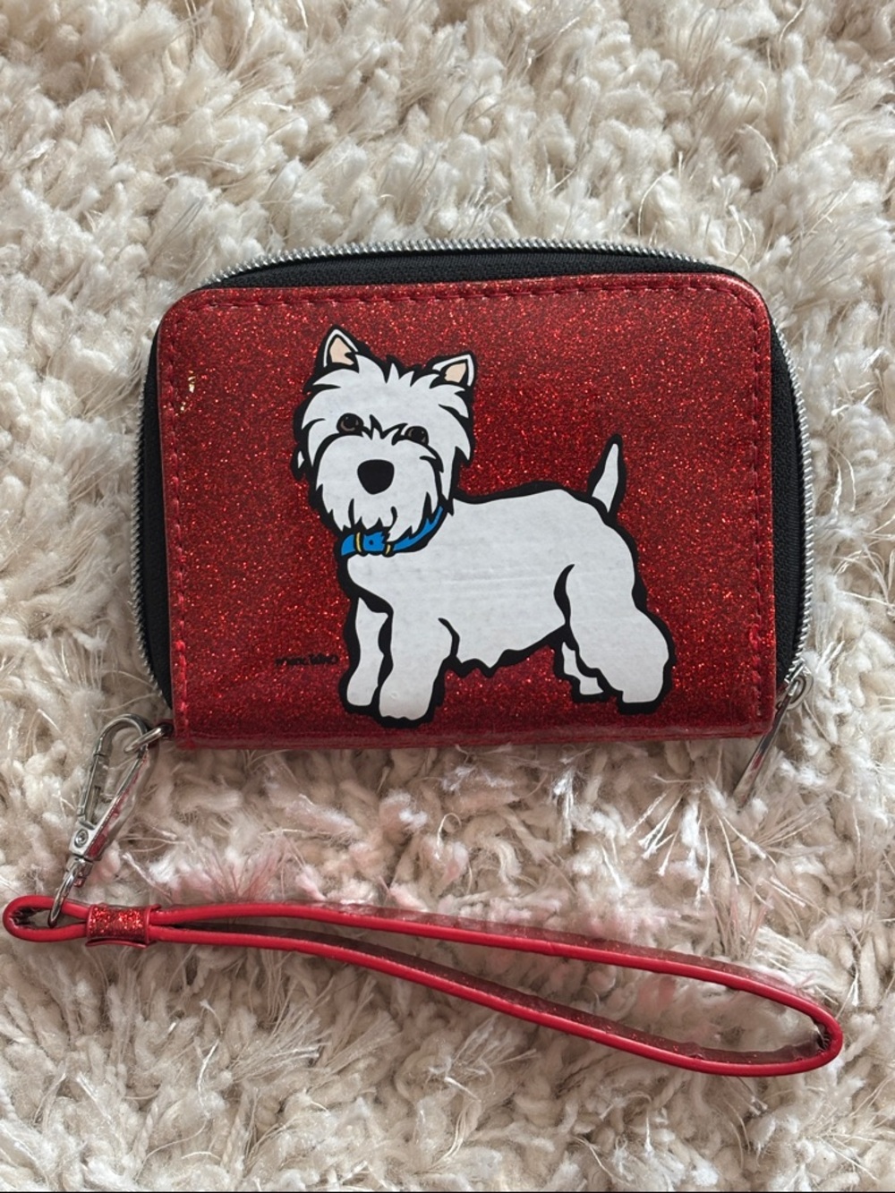 Marc Tetro Red Glitter Westie Zip Around Wristlet Wallet Dog Print EUC
